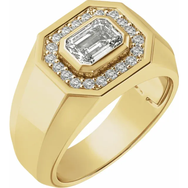 Discover the perfect custom engagement ring for men with a 7x5mm Emerald Cut lab-created diamond. Featuring a bold wide band design and small batch production, each ring is crafted to order with a one piece MOQ. Ideal for engagements and special occasions.