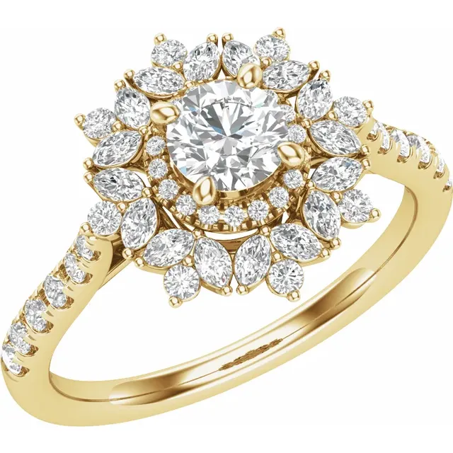 Shop our Sunflower Halo Ring with Lab Diamonds in Yellow Gold. A stunning floral design featuring ethical diamonds, perfect for engagements or special occasions. Customized just for you!