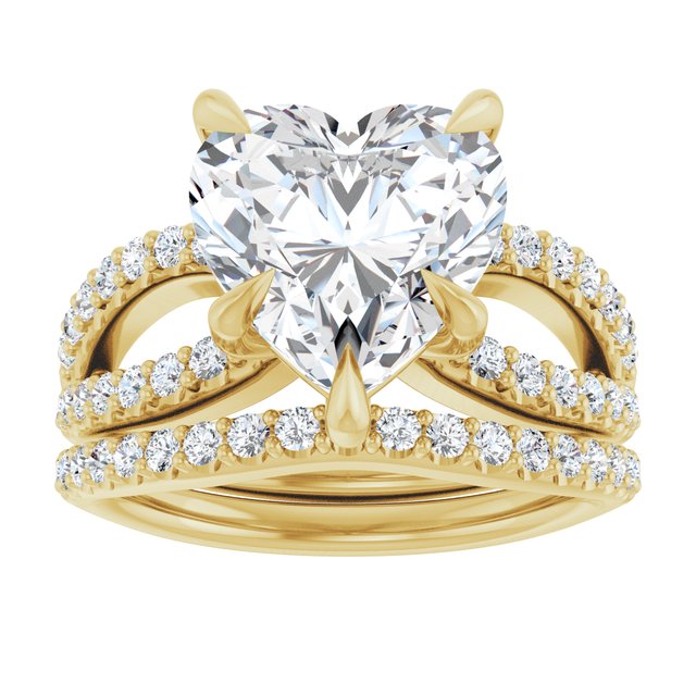 This captivating 2CT Heart Cut Lab Diamond Engagement Ring Set highlights a romantic and elegant design. It has a solid construction with a closed-back design, ensuring comfort and durability. The heart-shaped diamond and double-band pave setting bring an unforgettable charm to this timeless piece.