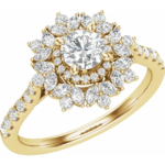 This Flower Halo Engagement Ring in 14K Yellow Gold showcases a stunning 7/8 CTW of lab-grown diamonds. Weighing 4.29 grams, the polished surface finish adds a radiant shine that complements the intricate flower halo design. The 5.2mm round-cut lab diamond is surrounded by a dazzling halo of smaller diamonds, creating an elegant and timeless aesthetic perfect for engagements or special occasions.