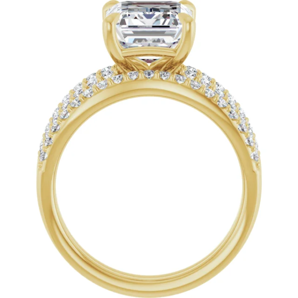 Discover the elegance of a 2CT Emerald Cut Lab Diamond Engagement Ring Set. Designed with a luxurious split shank band and customizable in yellow gold, this ring set is the perfect symbol of love for proposals, weddings, or anniversaries.