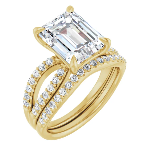 Discover the elegance of a 2CT Emerald Cut Lab Diamond Engagement Ring Set. Designed with a luxurious split shank band and customizable in yellow gold, this ring set is the perfect symbol of love for proposals, weddings, or anniversaries.