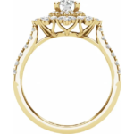 This Flower Halo Engagement Ring in 14K Yellow Gold showcases a stunning 7/8 CTW of lab-grown diamonds. Weighing 4.29 grams, the polished surface finish adds a radiant shine that complements the intricate flower halo design. The 5.2mm round-cut lab diamond is surrounded by a dazzling halo of smaller diamonds, creating an elegant and timeless aesthetic perfect for engagements or special occasions.