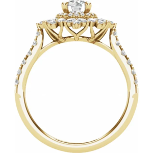 This Flower Halo Engagement Ring in 14K Yellow Gold showcases a stunning 7/8 CTW of lab-grown diamonds. Weighing 4.29 grams, the polished surface finish adds a radiant shine that complements the intricate flower halo design. The 5.2mm round-cut lab diamond is surrounded by a dazzling halo of smaller diamonds, creating an elegant and timeless aesthetic perfect for engagements or special occasions.