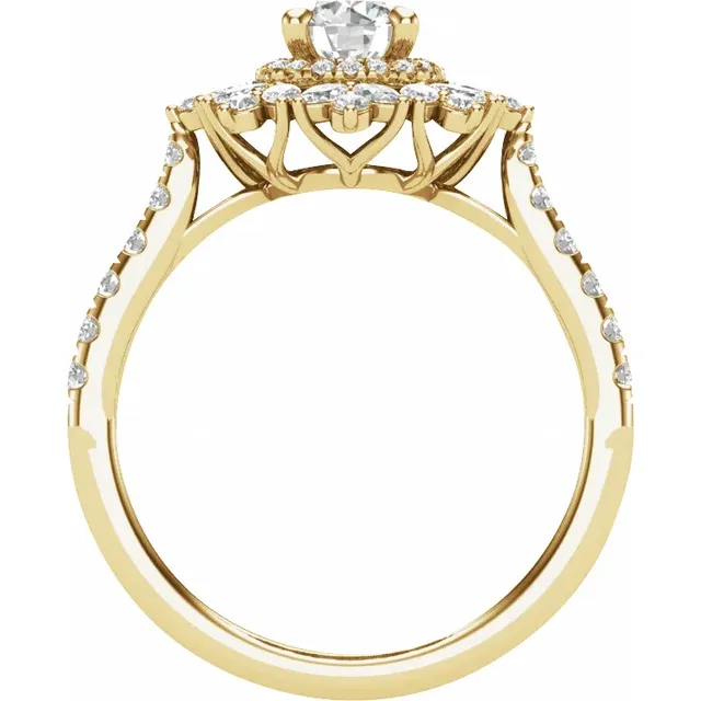 This Flower Halo Engagement Ring in 14K Yellow Gold showcases a stunning 7/8 CTW of lab-grown diamonds. Weighing 4.29 grams, the polished surface finish adds a radiant shine that complements the intricate flower halo design. The 5.2mm round-cut lab diamond is surrounded by a dazzling halo of smaller diamonds, creating an elegant and timeless aesthetic perfect for engagements or special occasions.