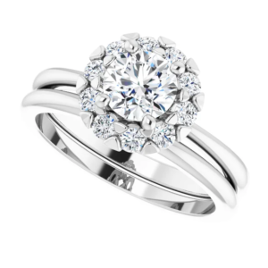 Radiate elegance with the Sunflower Halo Lab Diamond Ring Set in white gold. Featuring a stunning halo design, it's the perfect choice for engagements or weddings.