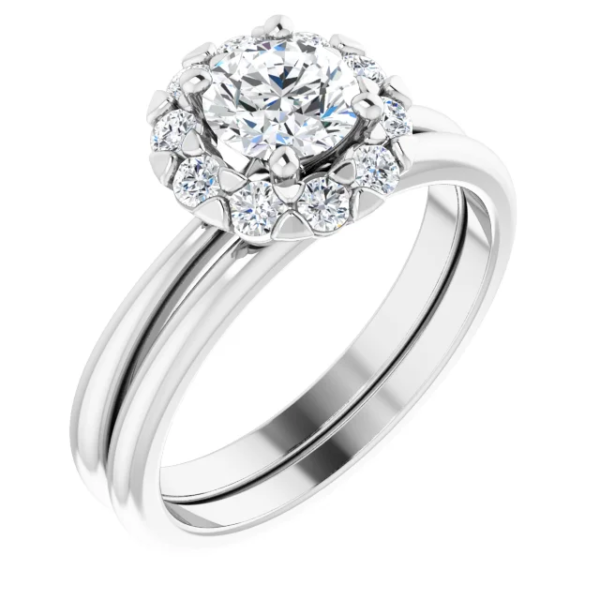 Radiate elegance with the Sunflower Halo Lab Diamond Ring Set in white gold. Featuring a stunning halo design, it's the perfect choice for engagements or weddings.