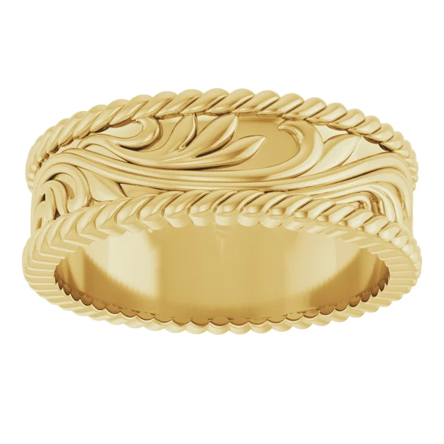 Discover this vintage engraved gold wedding band with intricate floral patterns. A handcrafted wide ring, perfect for men and women seeking timeless elegance