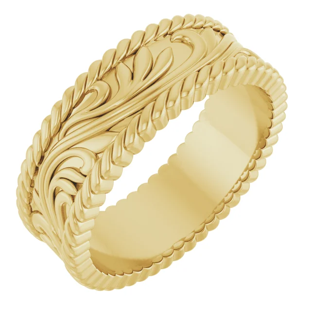 Discover this vintage engraved gold wedding band with intricate floral patterns. A handcrafted wide ring, perfect for men and women seeking timeless elegance